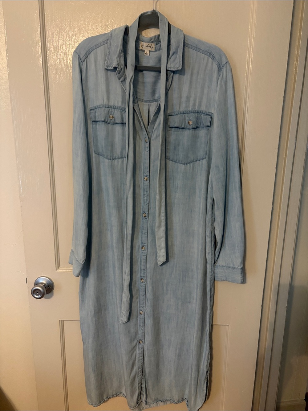 Wonderly Light Blue Midi Denim Shirt Dress with Neck Tie